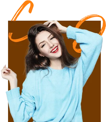 A happy woman in a blue sweater